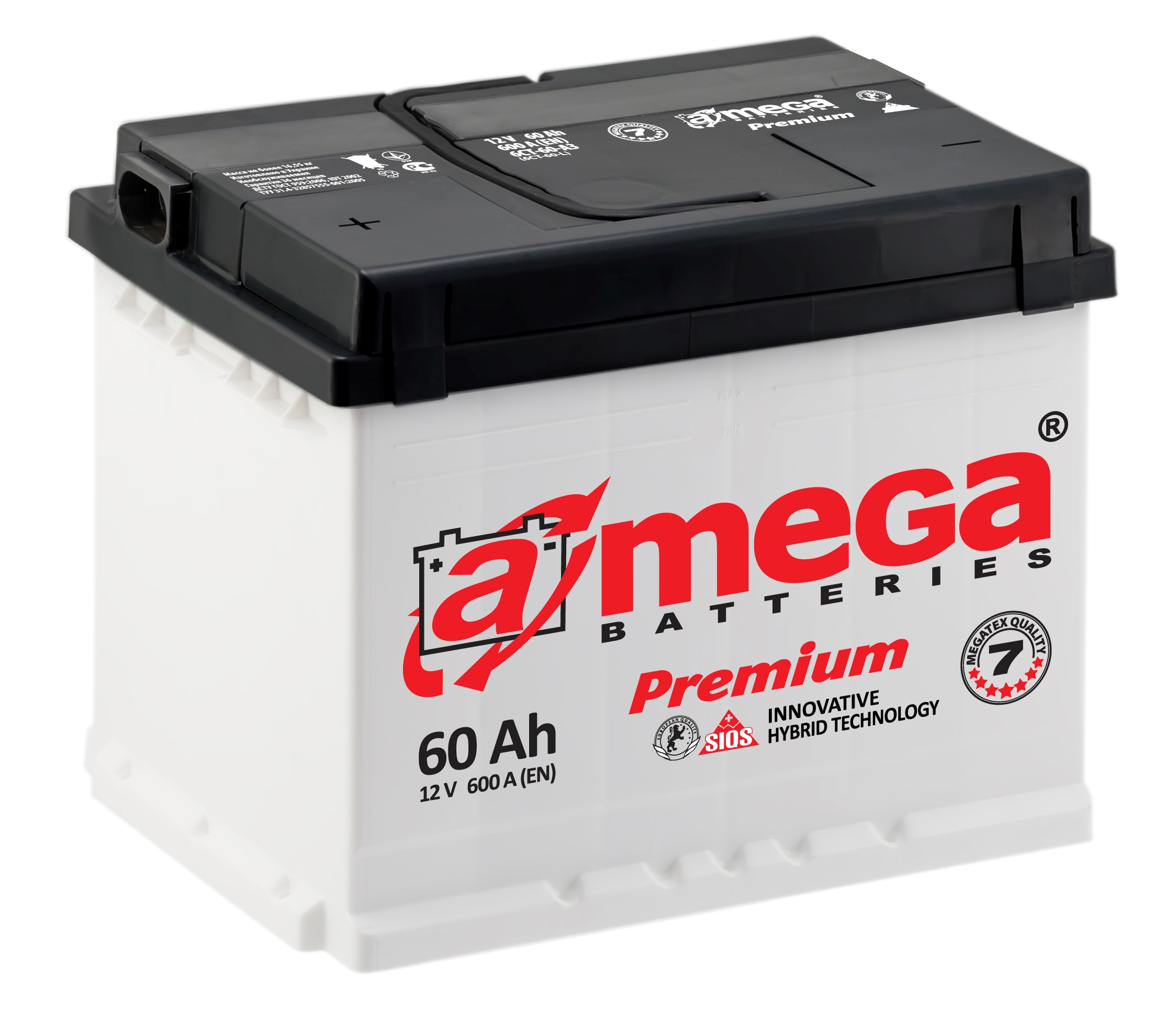 Аккумулятор A-MEGA PREMIUM 60Ач, 600А, 174/242/190, 12V, -/+